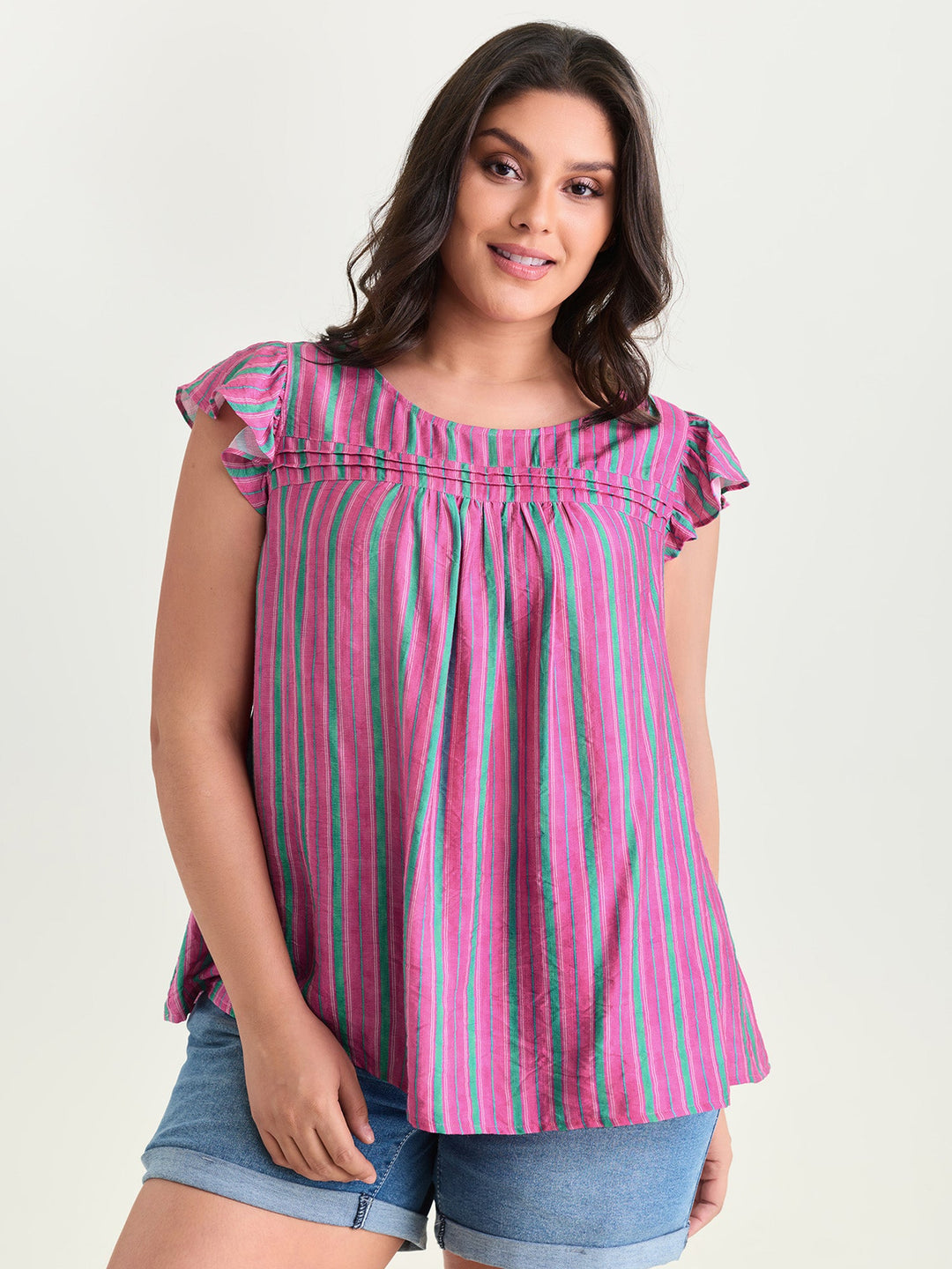 Colorful Striped Print Flutter Sleeve Blouse