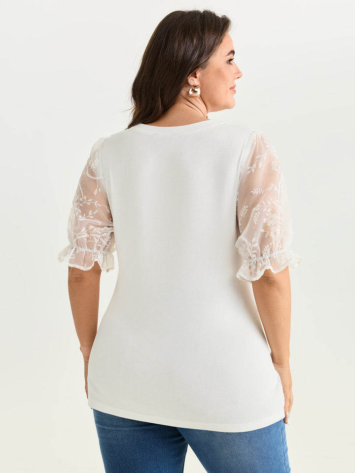 Sheer Puffy Sleeve Round Neck T-Shirt