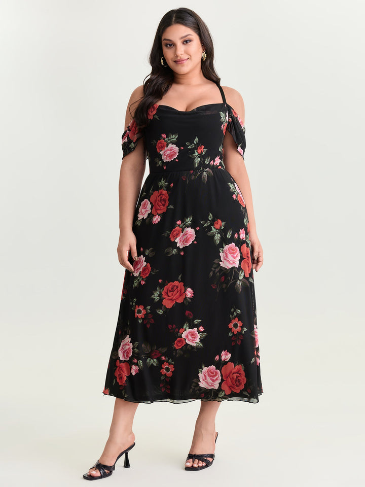 Blooming Rose Cold-Shoulder Maxi Dress