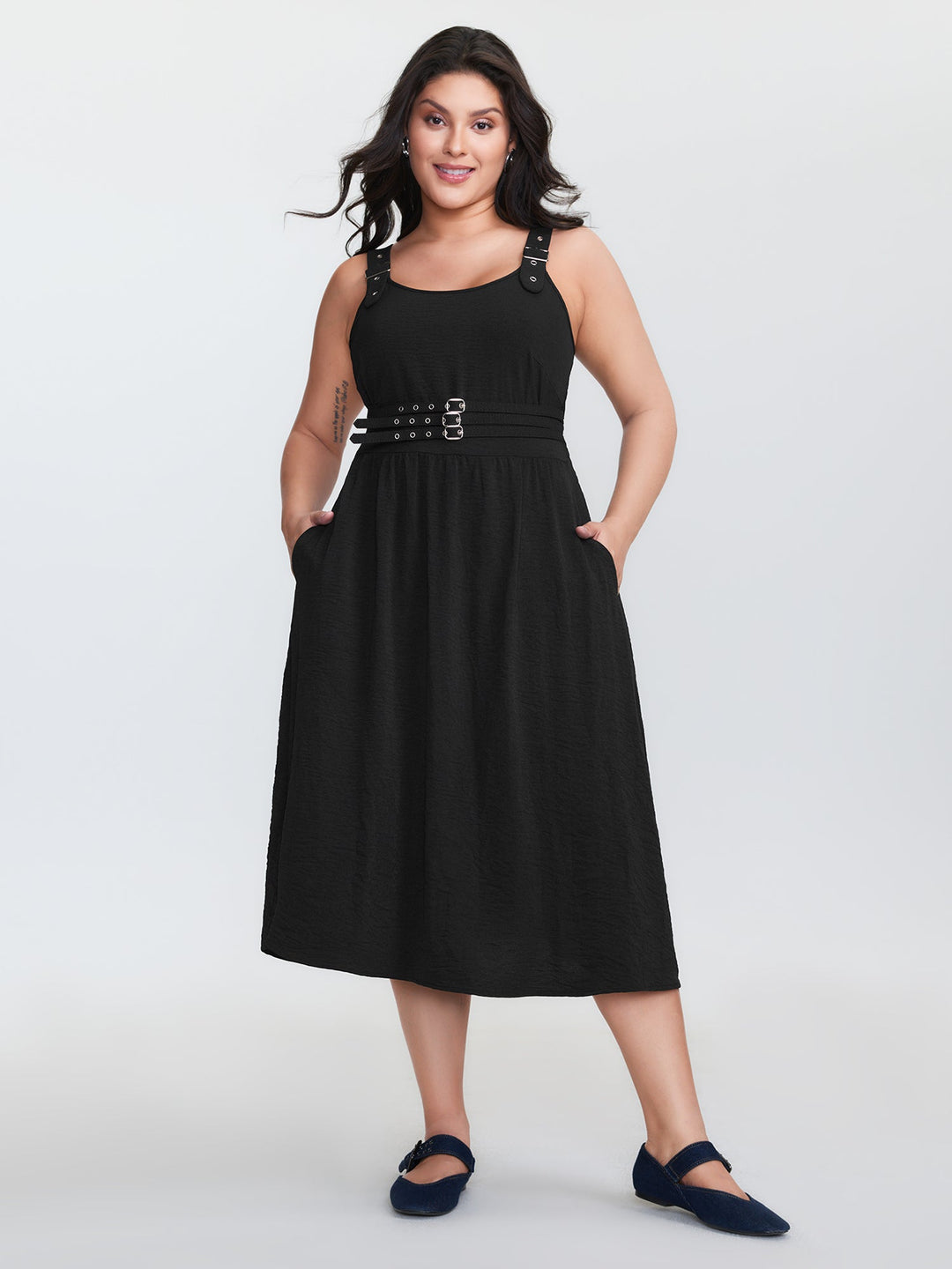 Wide Straps Belted Buckle Detail Midi Dress