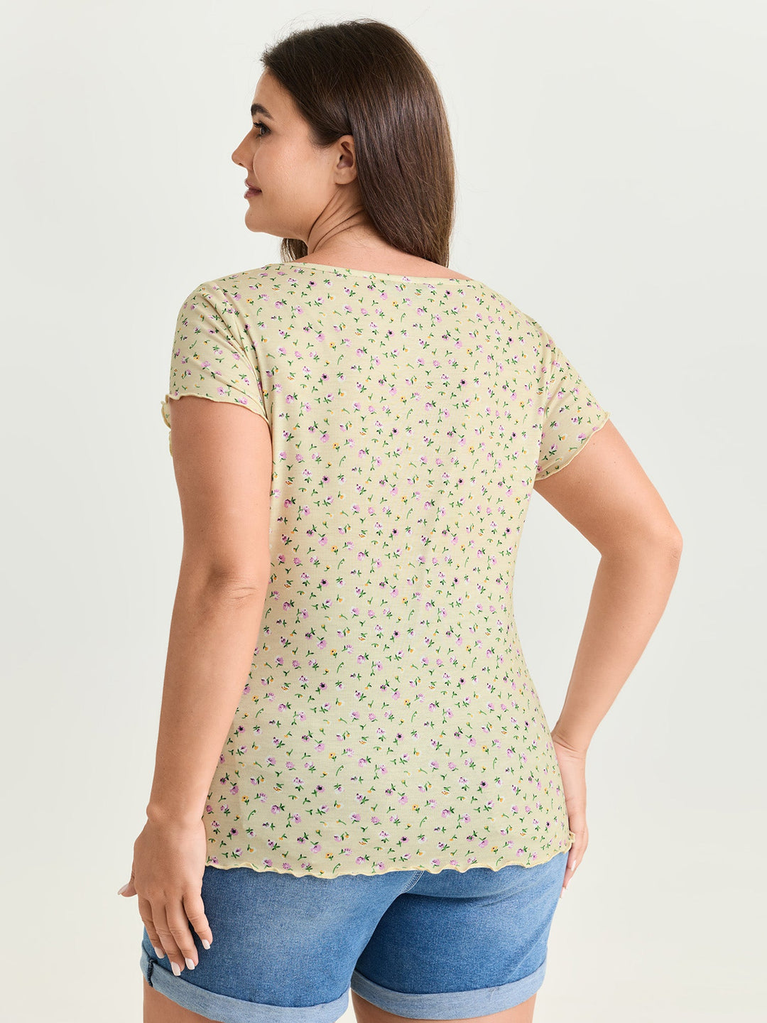 Stretchy Floral Print Square Neckline T-Shirt