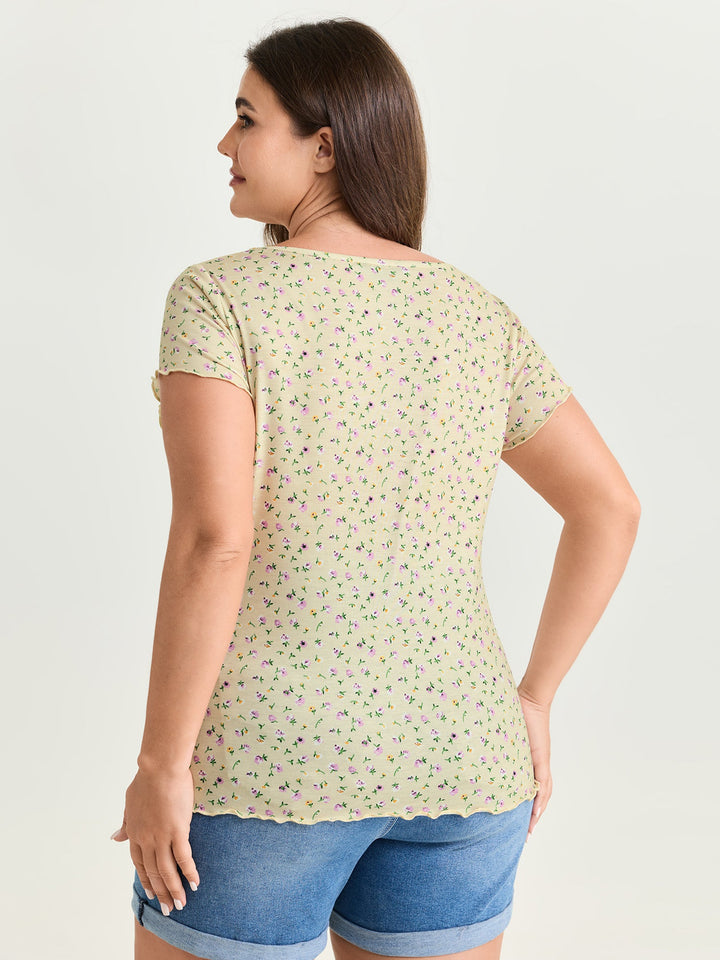 Stretchy Floral Print Square Neckline T-Shirt