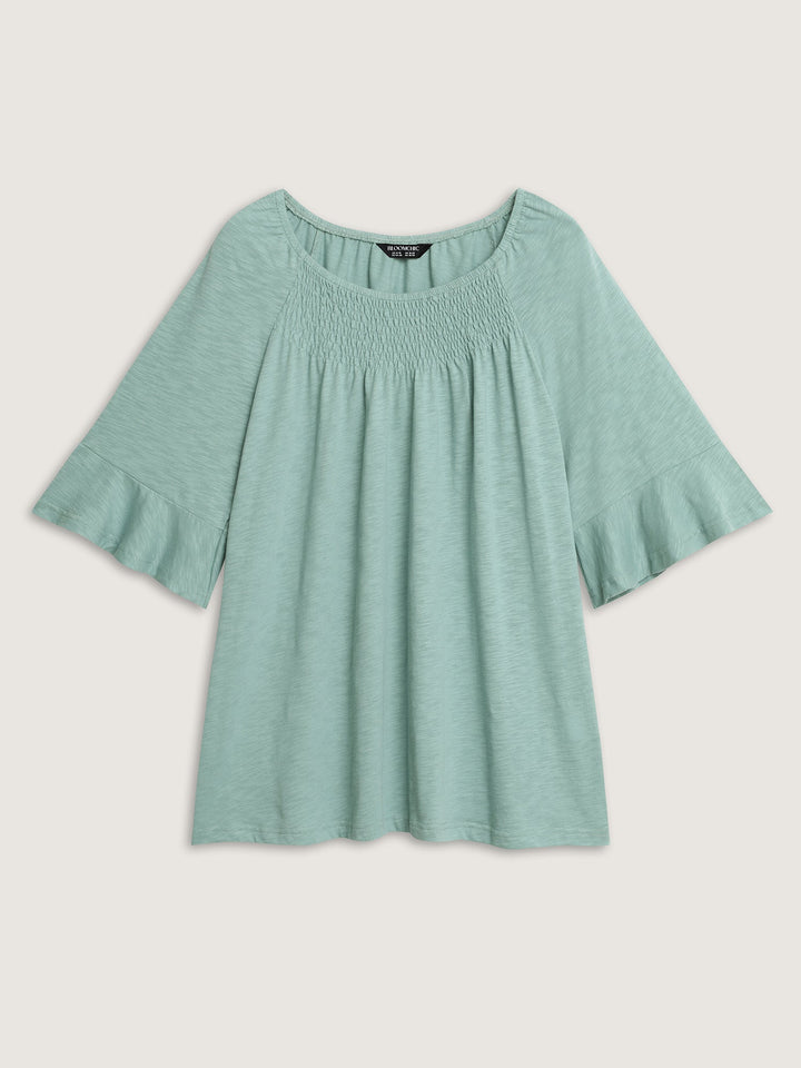 Ruffled Sleeve Shirred Neckline Plain Top