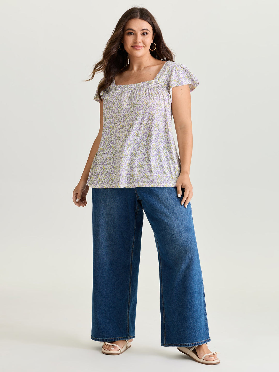 Micro Floral Print Shirred Neckline Knit Top