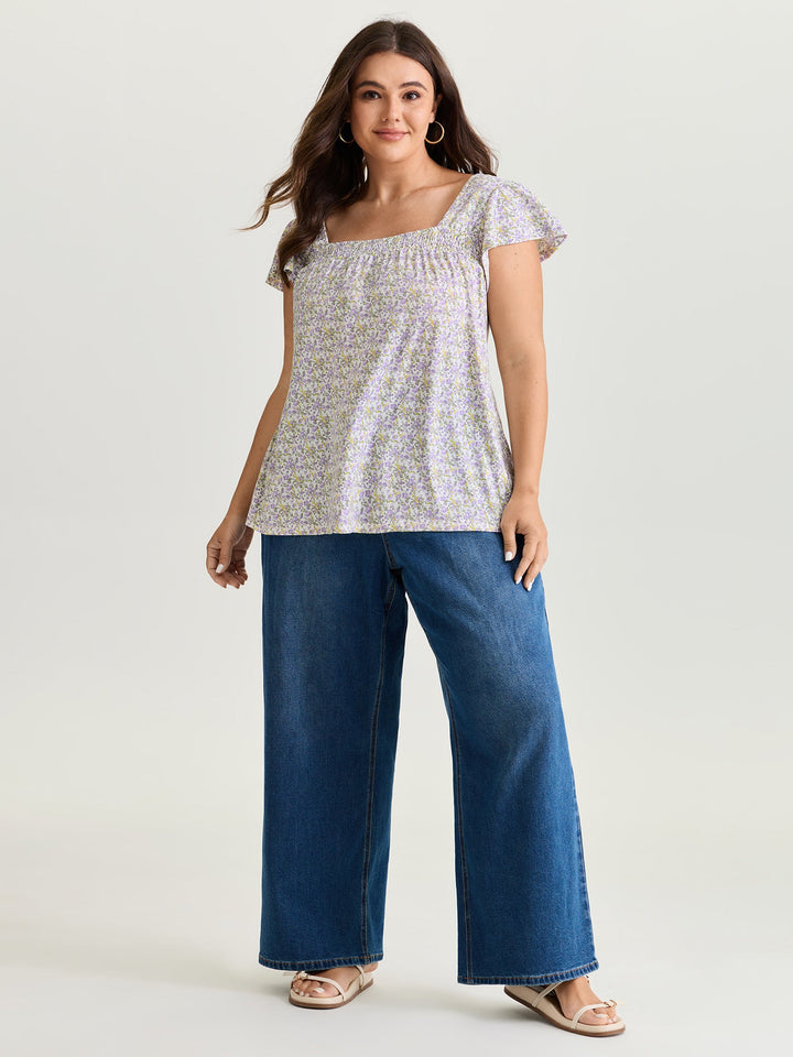 Micro Floral Print Shirred Neckline Knit Top