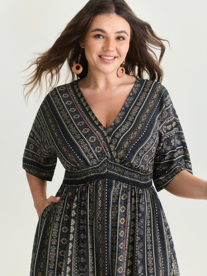 Striped Contrast Dolman Sleeve Shirred Pocket Split Flutter Dress