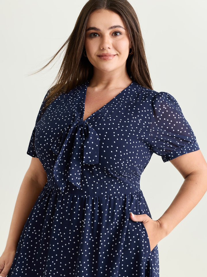 Pretty Polka Dots Ribbon Neckline Midi Dress