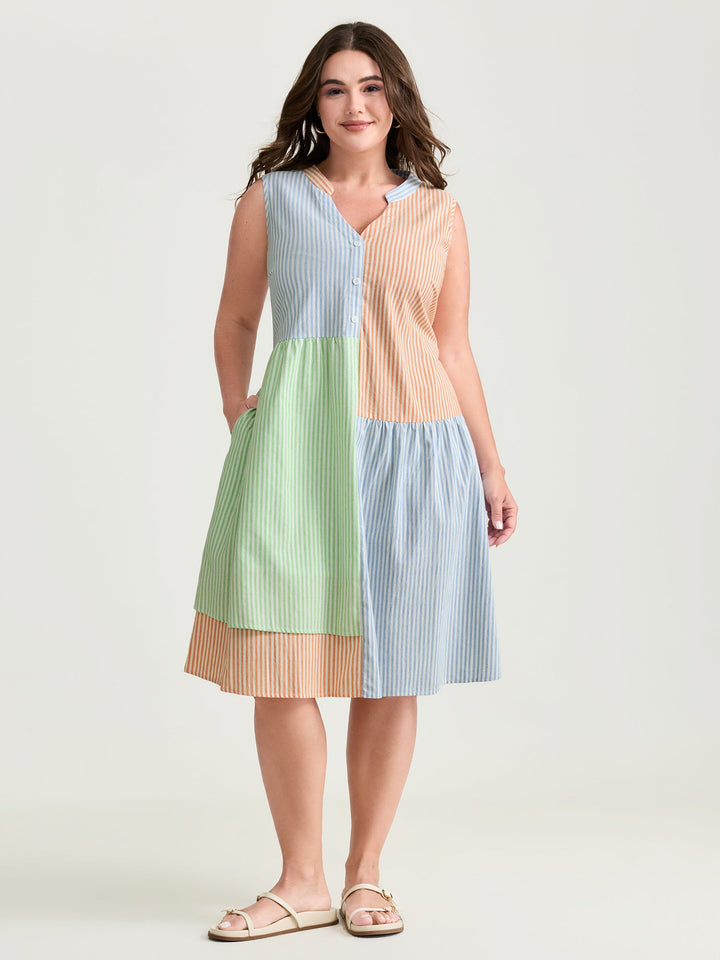 Pastel Stripe Collage Print Layered Mini Dress