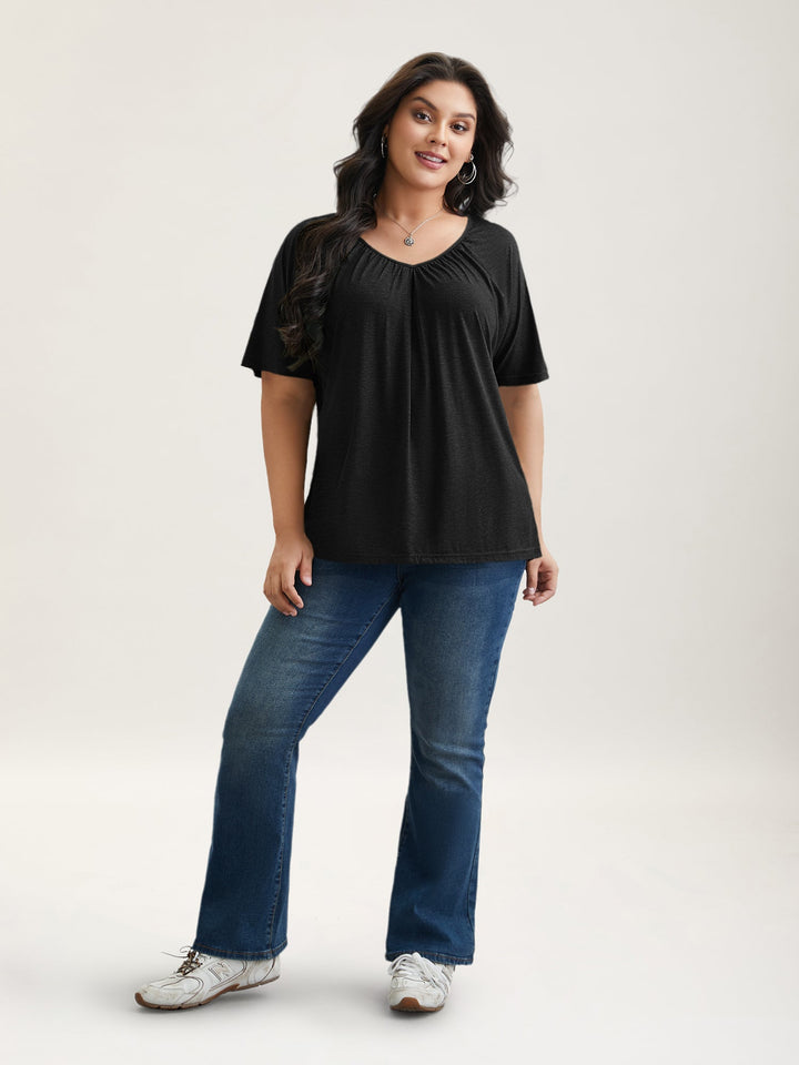 Pleated Plain Half-Sleeve Knit Top