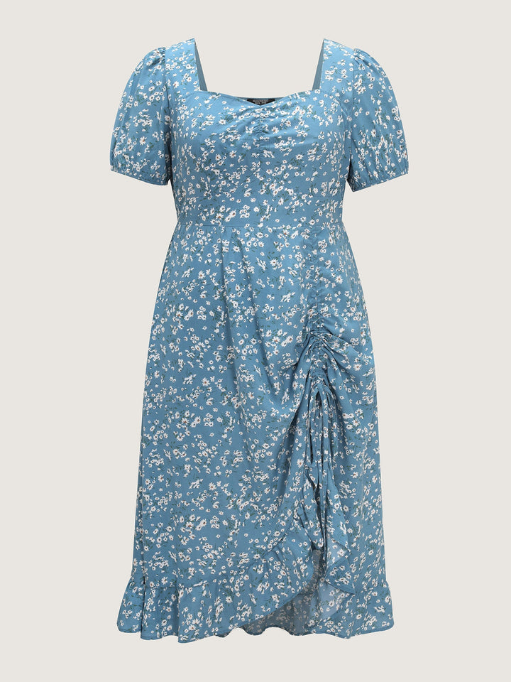 Floral Print Ruched Adjustable Drawstring Hem Midi Dress