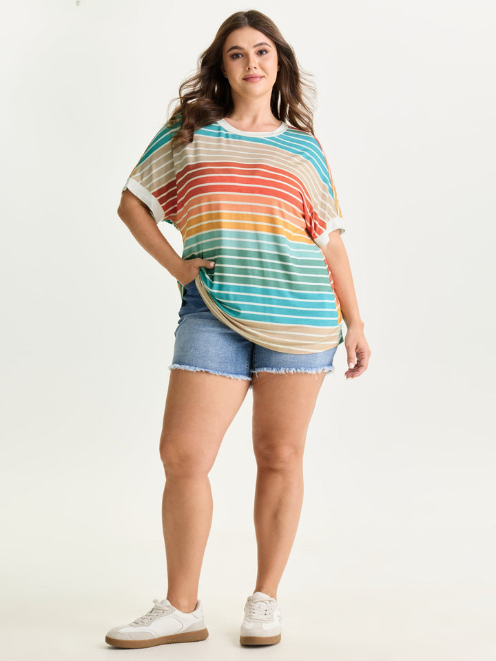 Colorful Gradient Stripe Round Neck T-Shirt