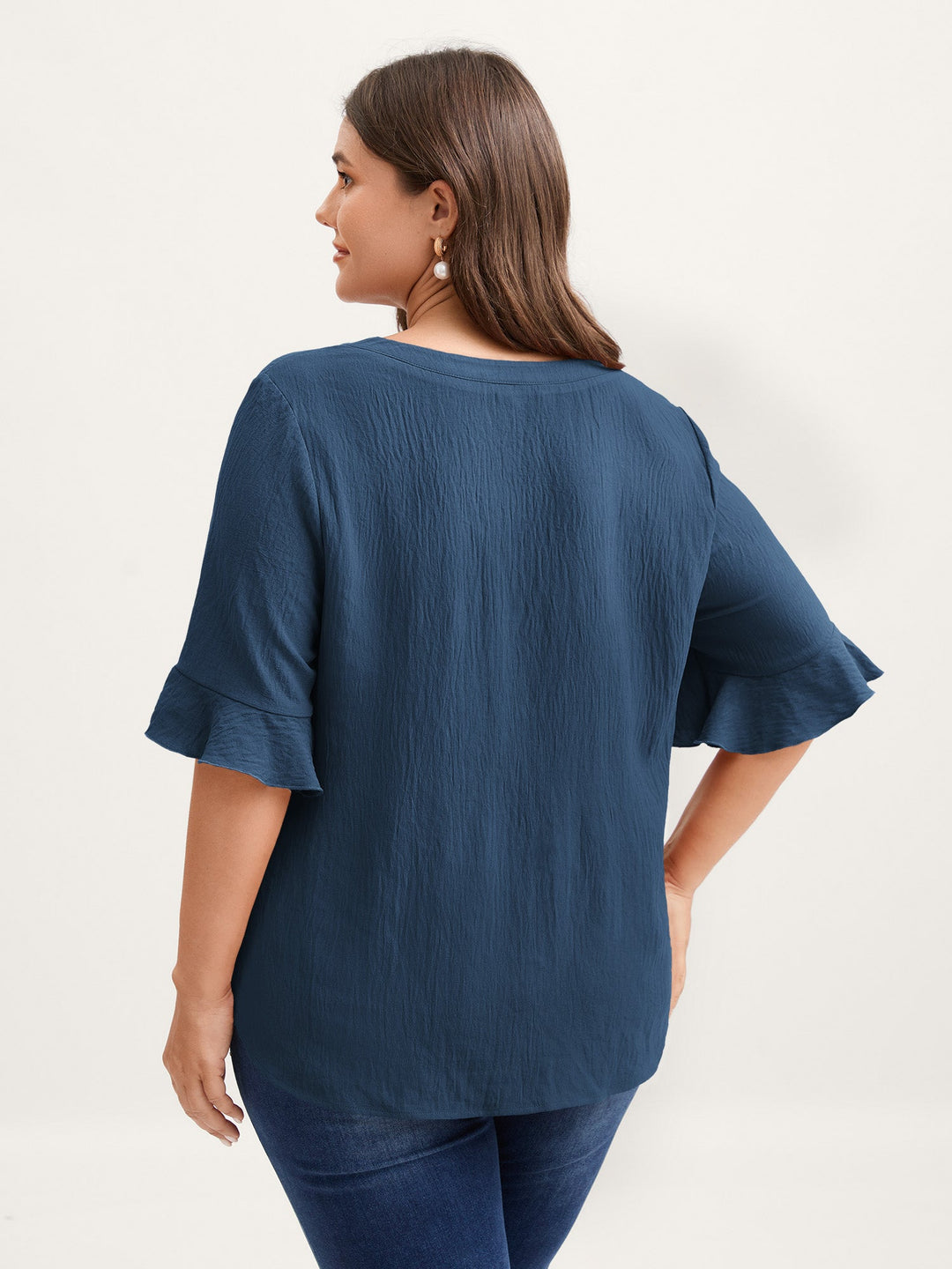 Toothpick Pleats Ruffled Sleeve Solid Blouse