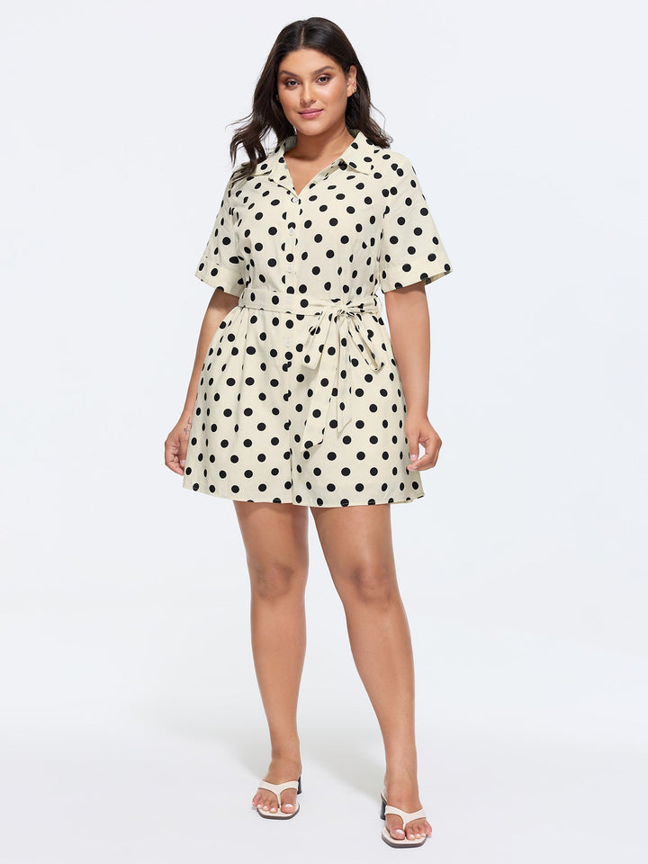 Cotton Linen Polka Dots Side Tie Collared Romper