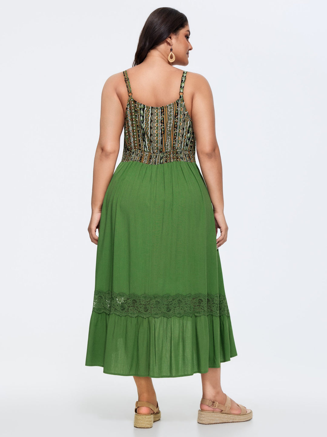 Boho Striped Lace Trim Midi Dress