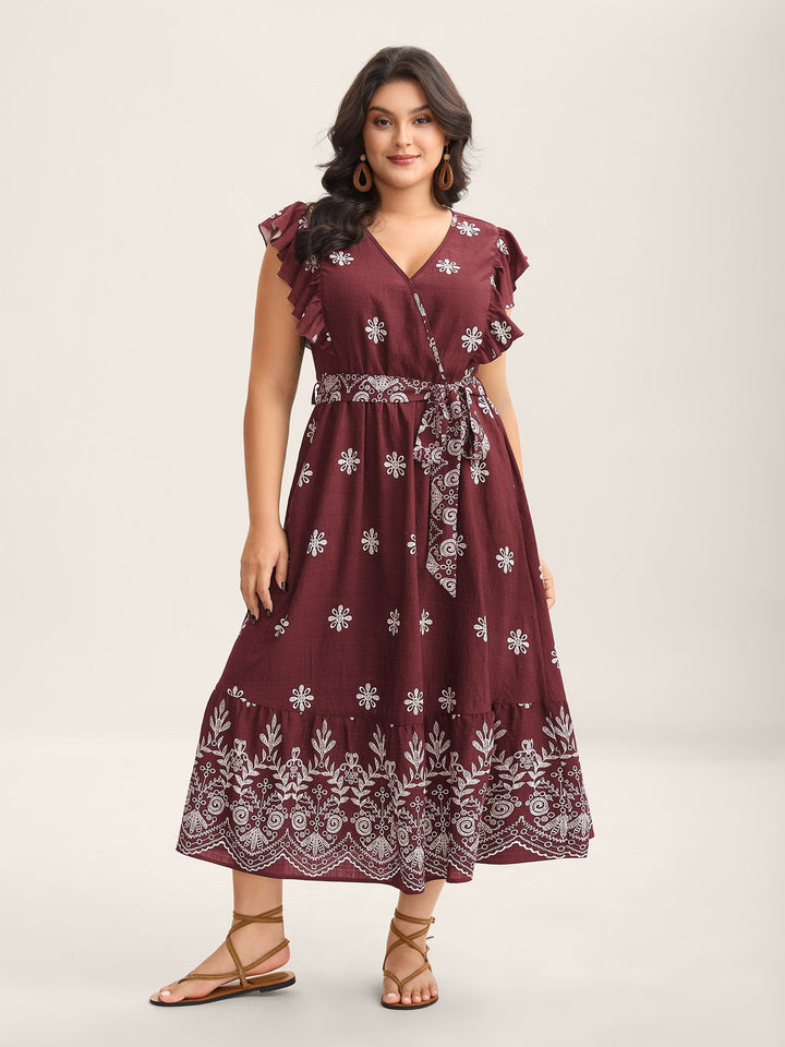 Rayon Stretchy Waist Pockets Flutter Maxi Dress