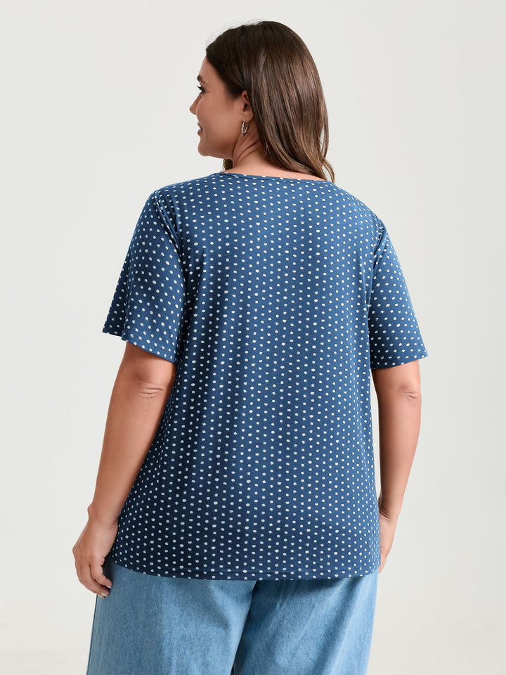 Colorful Floral Embroidered Neckline Polka Dot Top