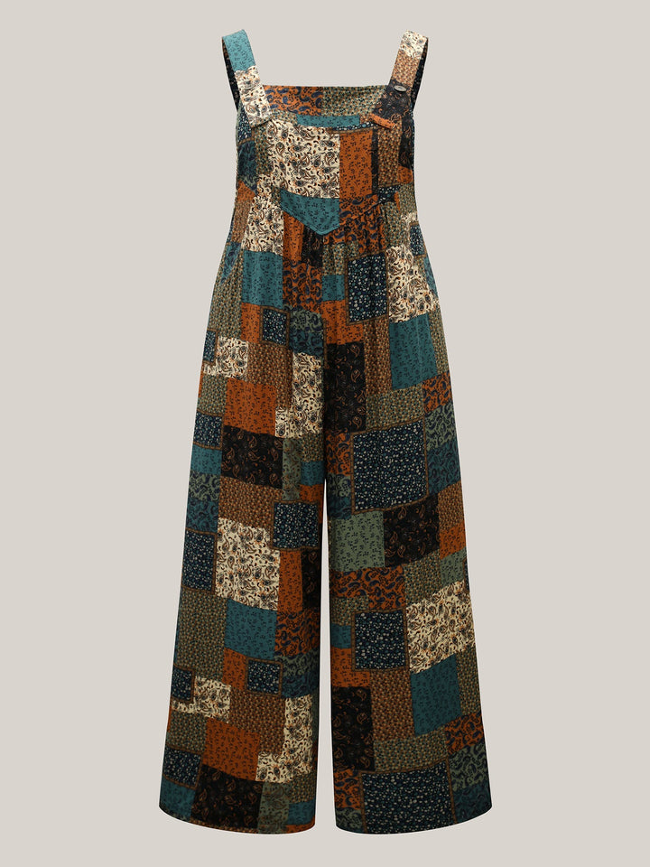 Vintage Boho Collage Overall Straps Jumpsuit