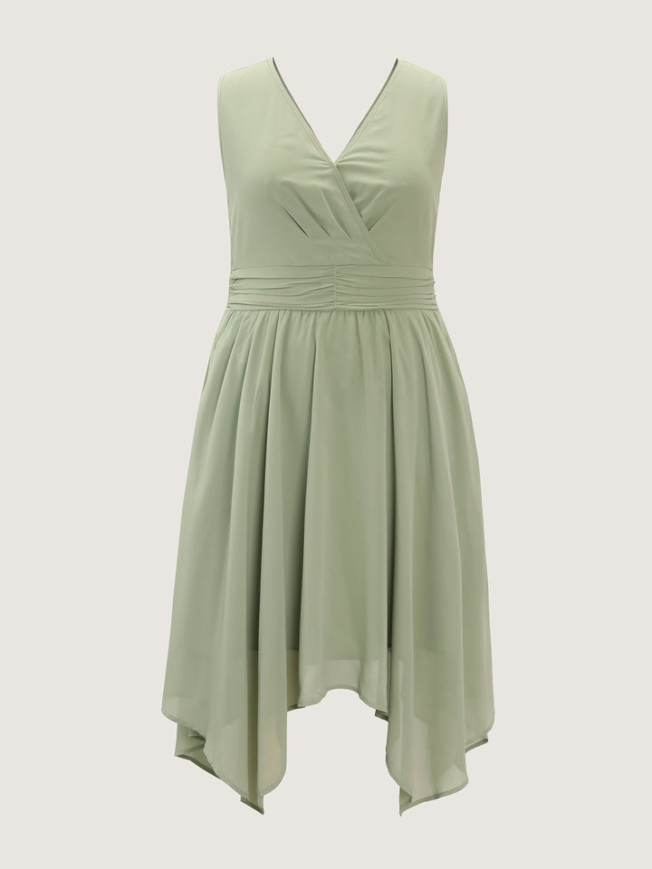 Pleated Waist Pockets High Low Hem Midi Dress