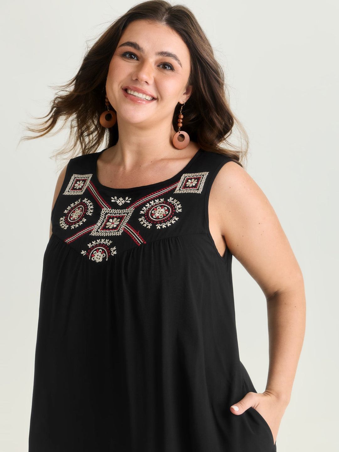 Boho Embroidered Neckline Sleeveless Mini Dress