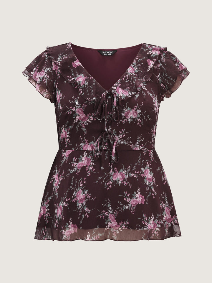 Romantic Floral Print Layered Ruffled Sleeve Blouse