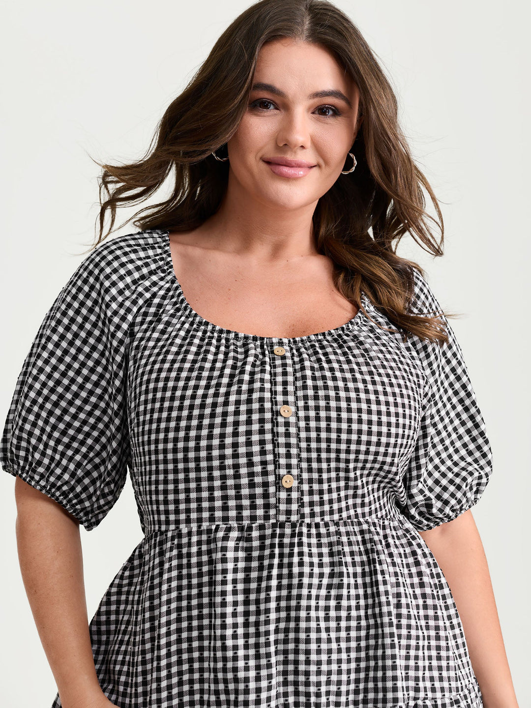 Checked Print Button Detail Fit And Flare Blouse