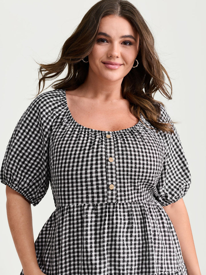 Checked Print Button Detail Fit And Flare Blouse