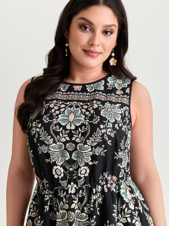 Boho Print Round Neck A-Line Mini Dress