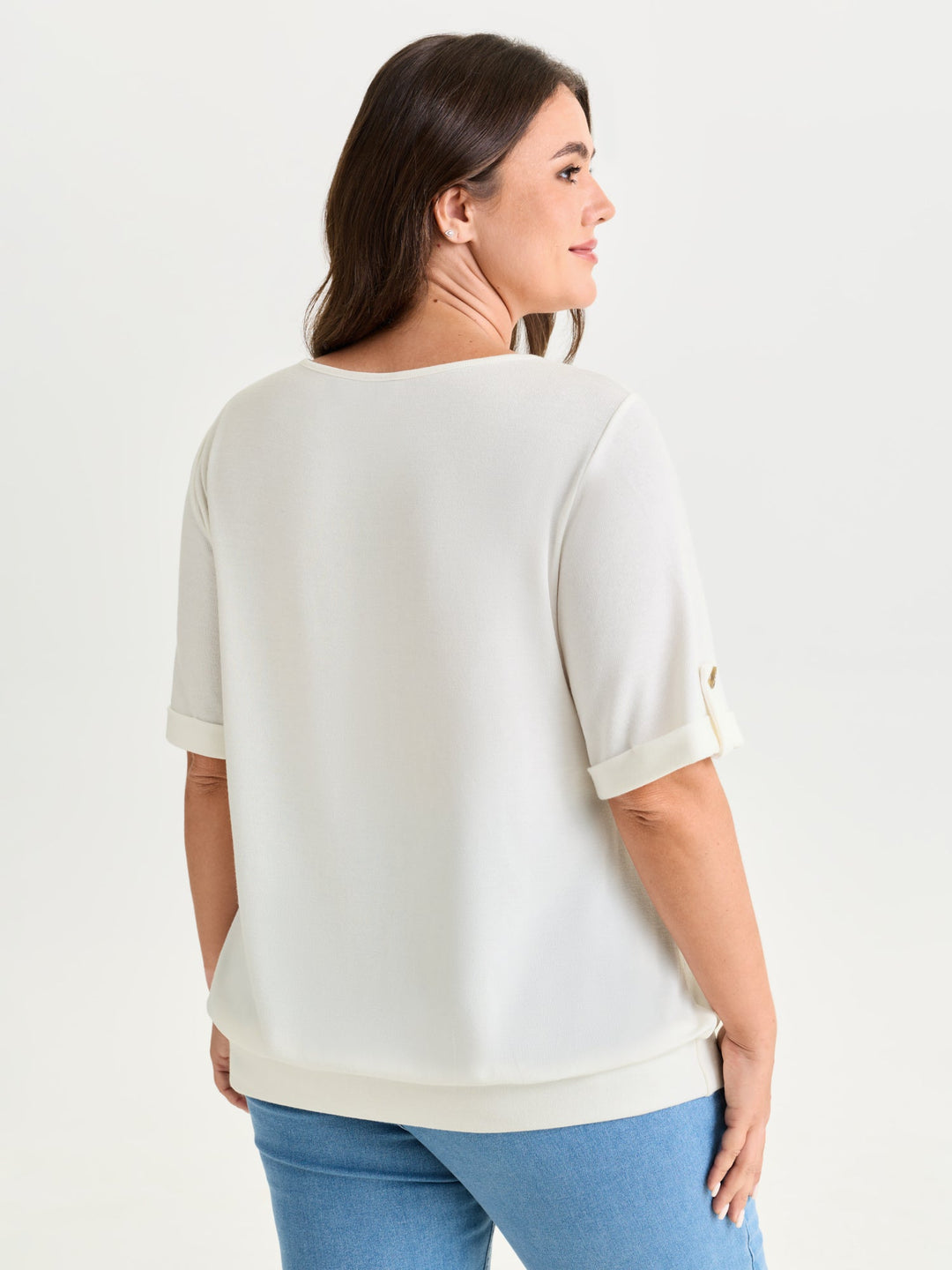 Stretchy Plain Folded Cuff Sleeve T-Shirt