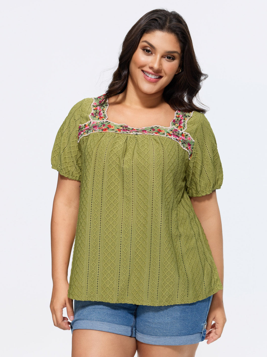 Eyelet Trim Floral Embroidered Solid T-Shirt