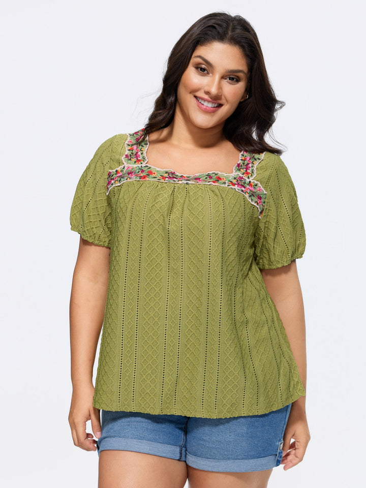 Eyelet Trim Floral Embroidered Solid T-Shirt