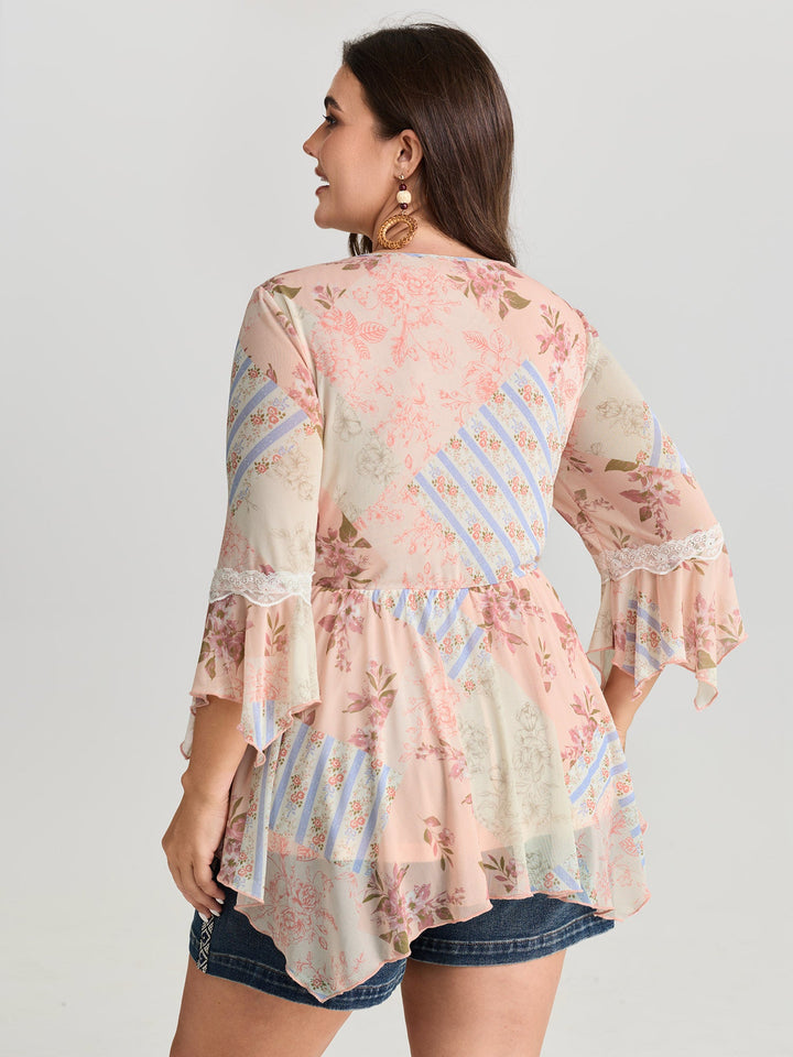Floral Print Lace Asymmetrical Hem Blouse