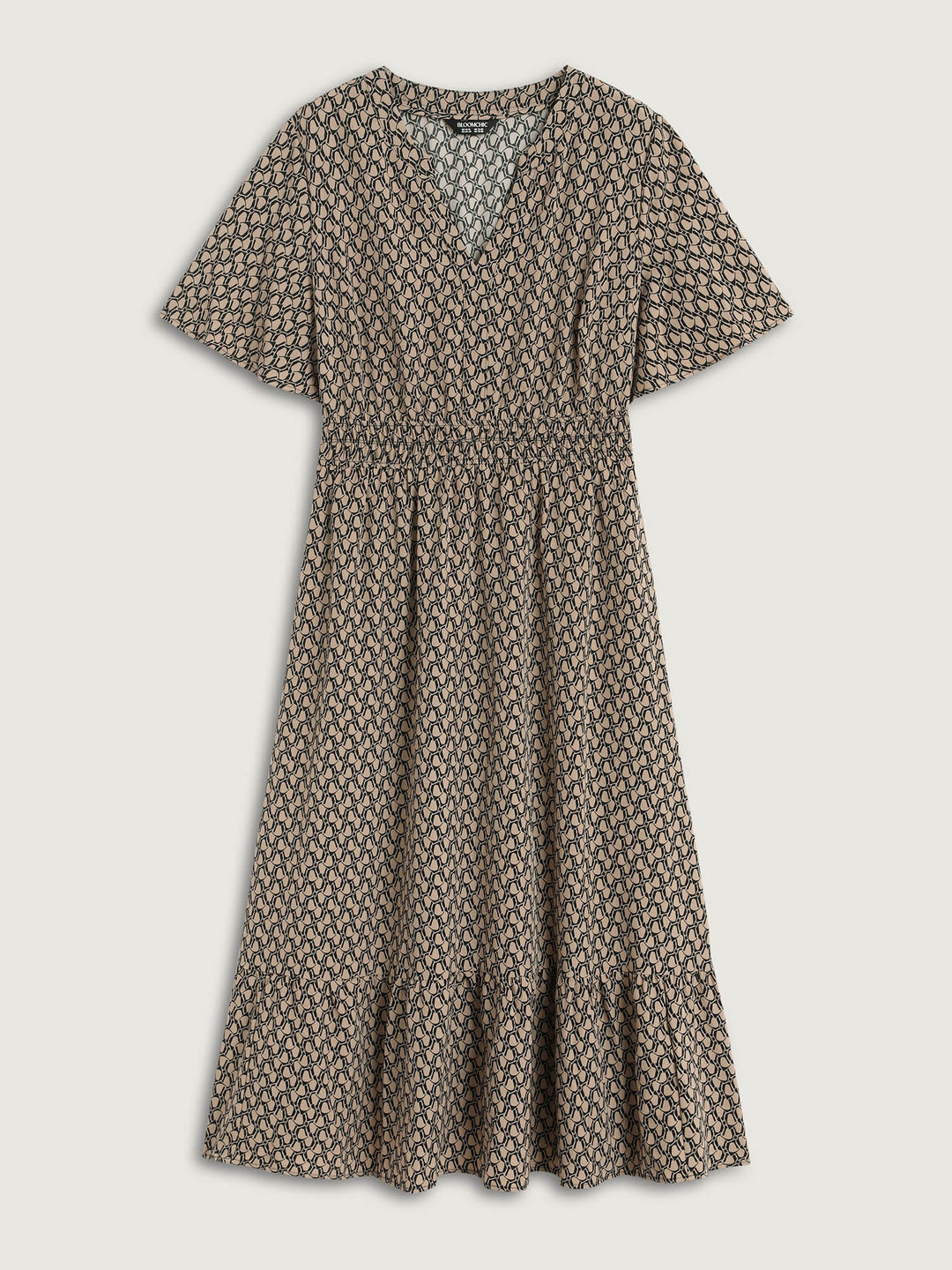 Geometric Print Waist-Cinched Tiered Midi Dress