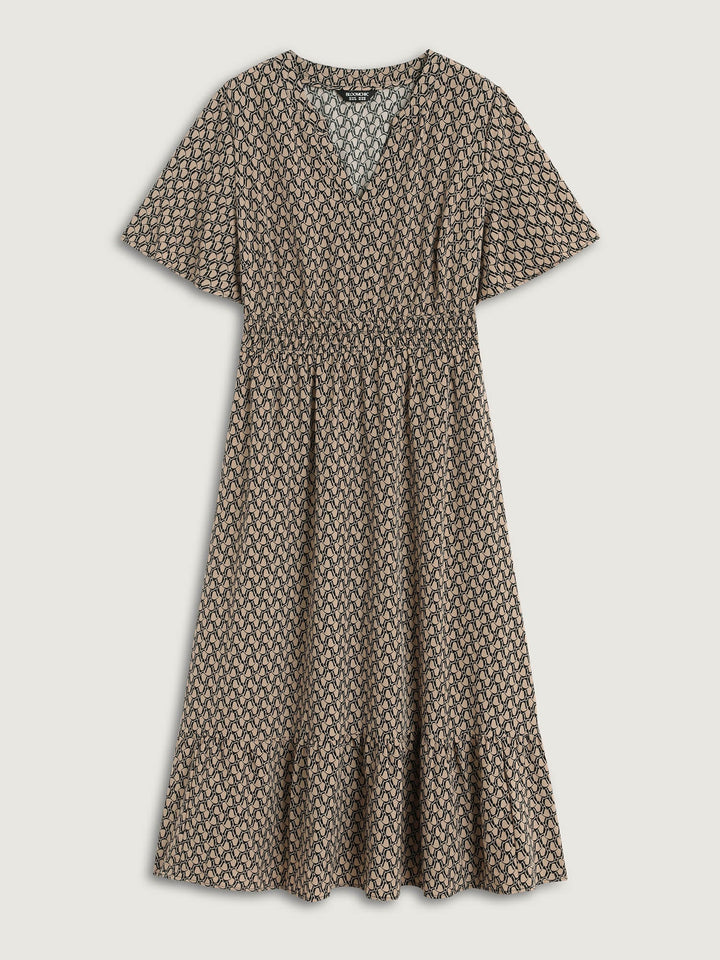 Geometric Print Waist-Cinched Tiered Midi Dress