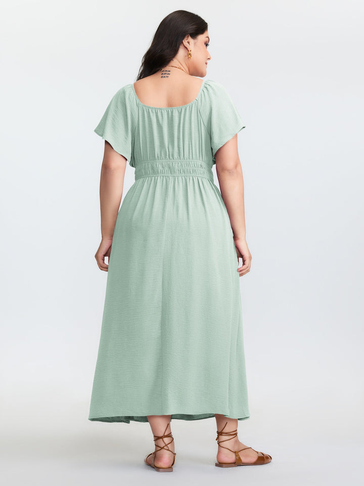 Square Neckline Shirred Waist Maxi Dress