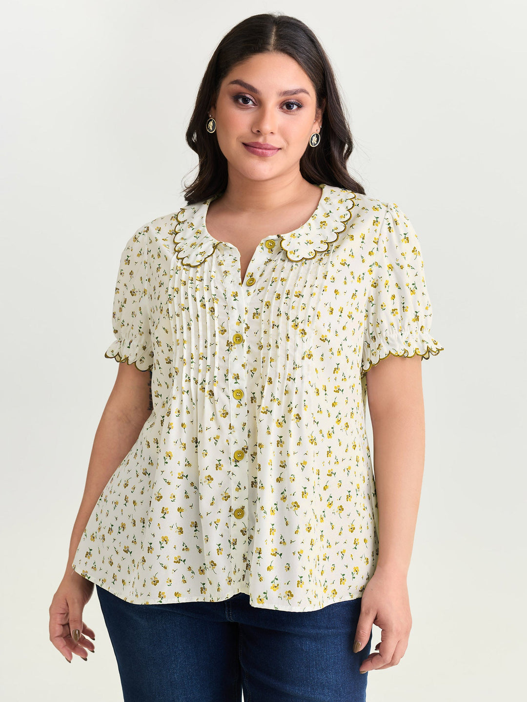 Floral Embroidery Pleated Button-Front Blouse