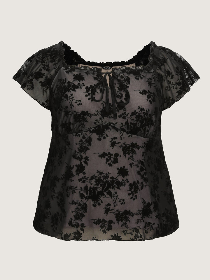 Flocked Floral Drawstring Neckline Knit Top