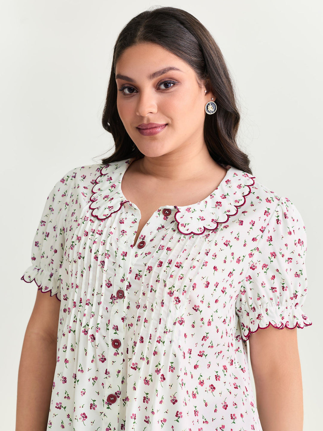 Floral Embroidery Pleated Button-Front Blouse