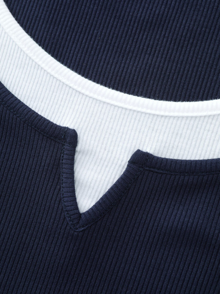 Color Contrast Layered Split Neck T-Shirt