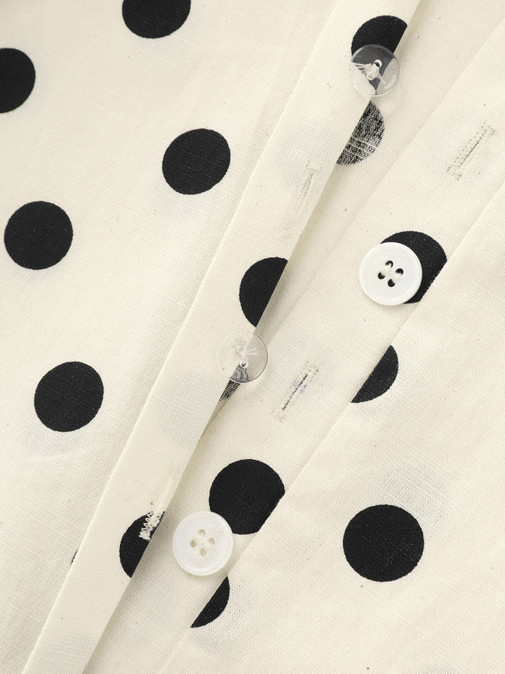 Cotton Linen Polka Dots Side Tie Collared Romper