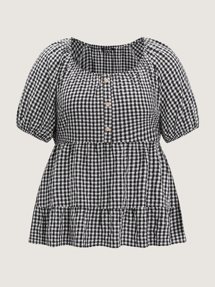 Checked Print Button Detail Fit And Flare Blouse