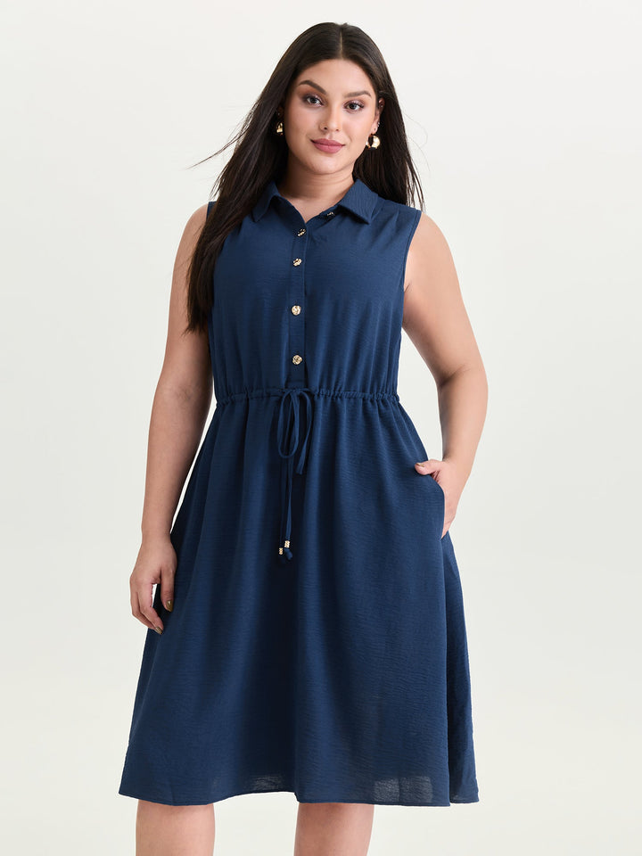 Collar Button Detail Waist Drawstring Mini Dress