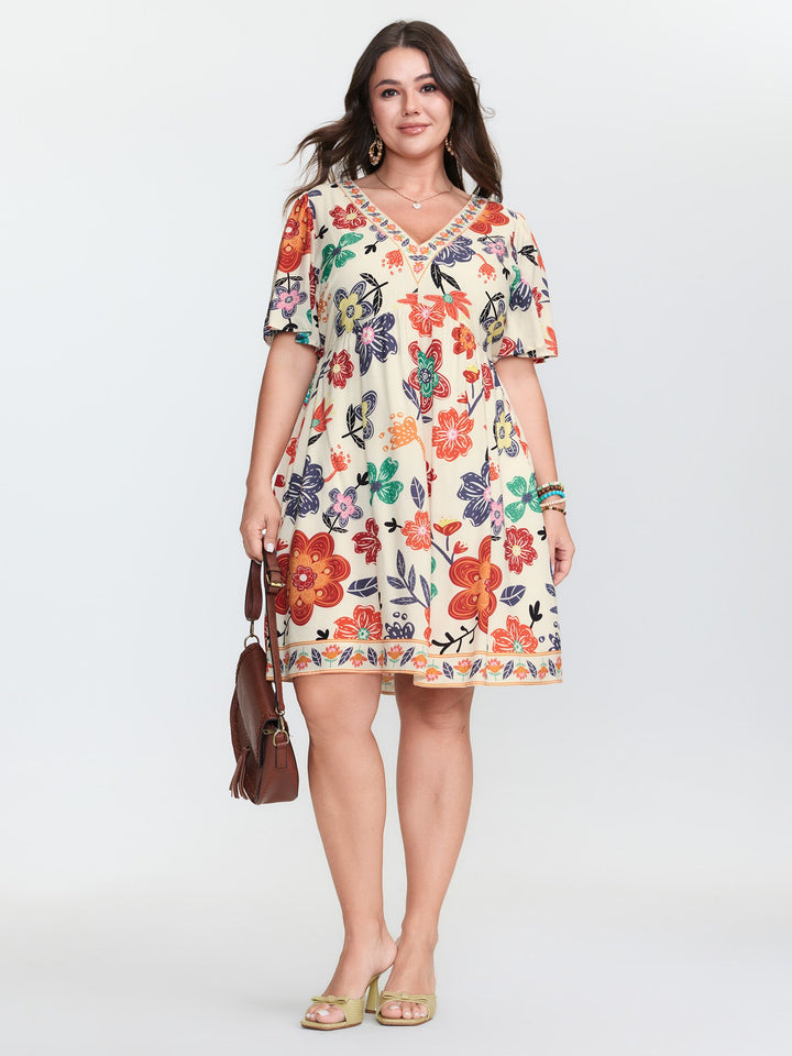 Colorful Floral Print V-Neck Mini Dress