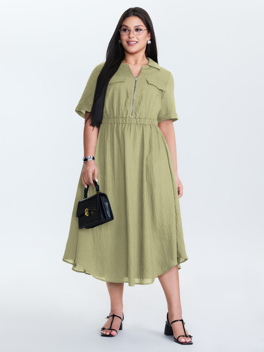 Zipper Front Collar Plain Midi Dress