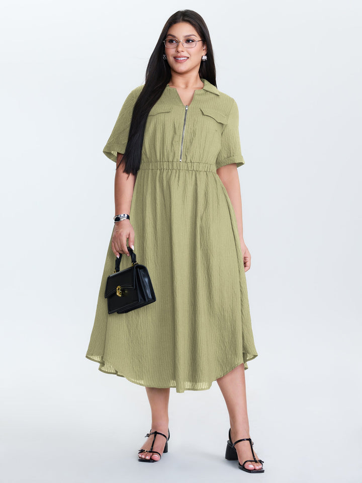 Zipper Front Collar Plain Midi Dress
