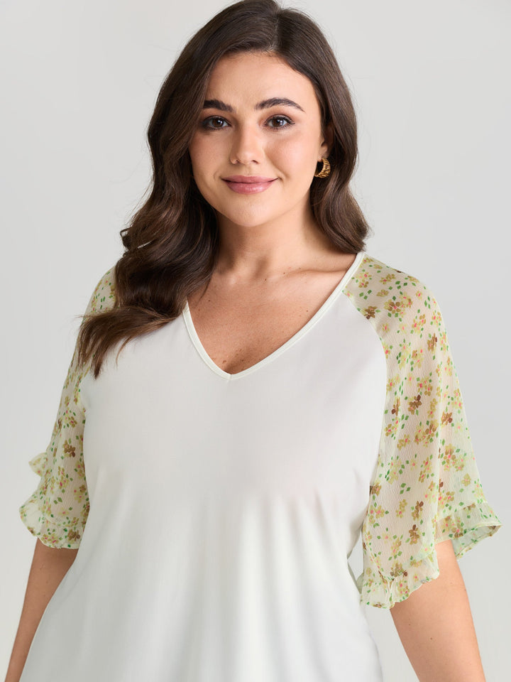 Sheer Floral Print Ruffled Cuff Sleeve Top