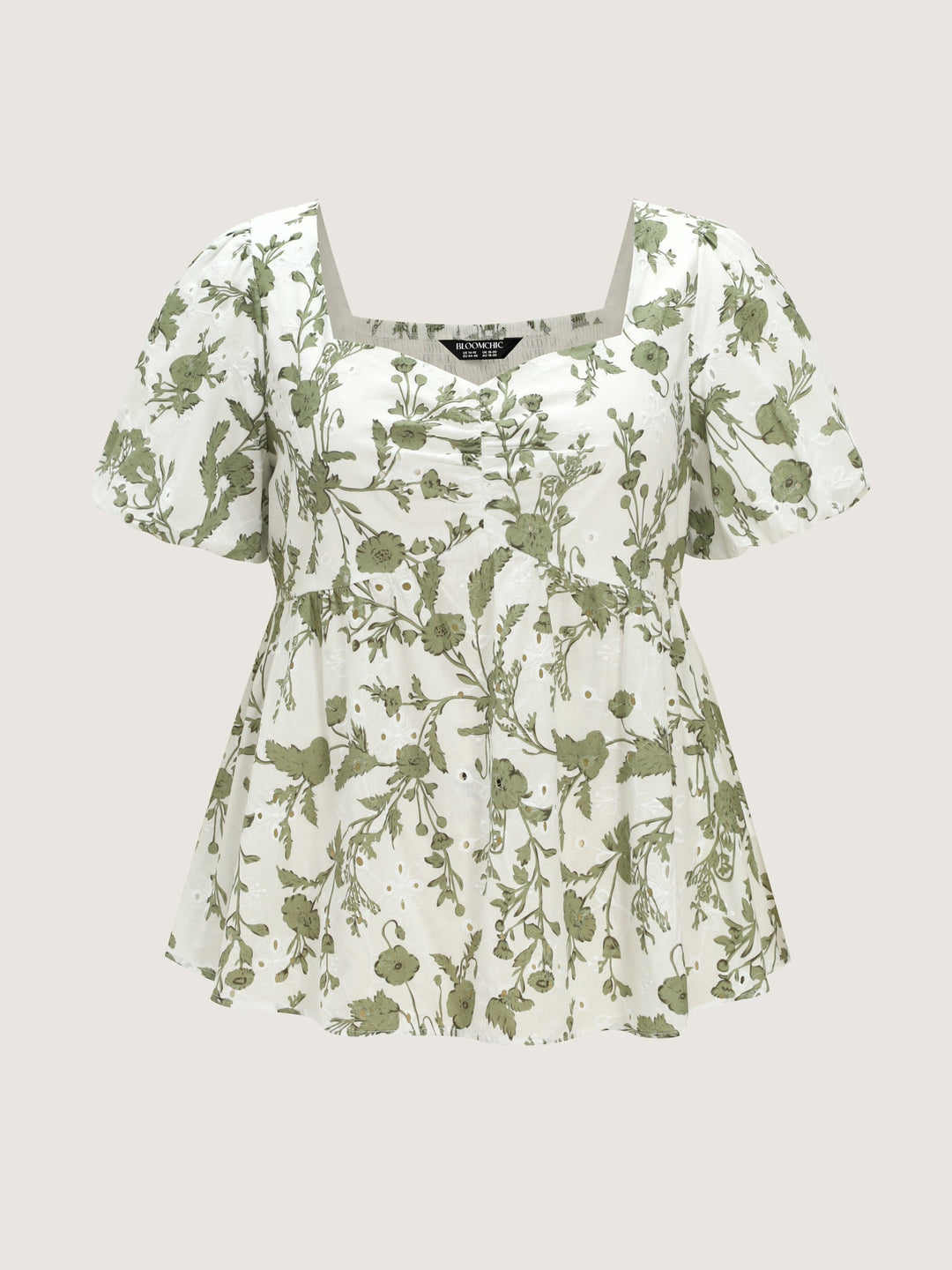 Cotton Floral Print Ruched Bubble Sleeve Blouse