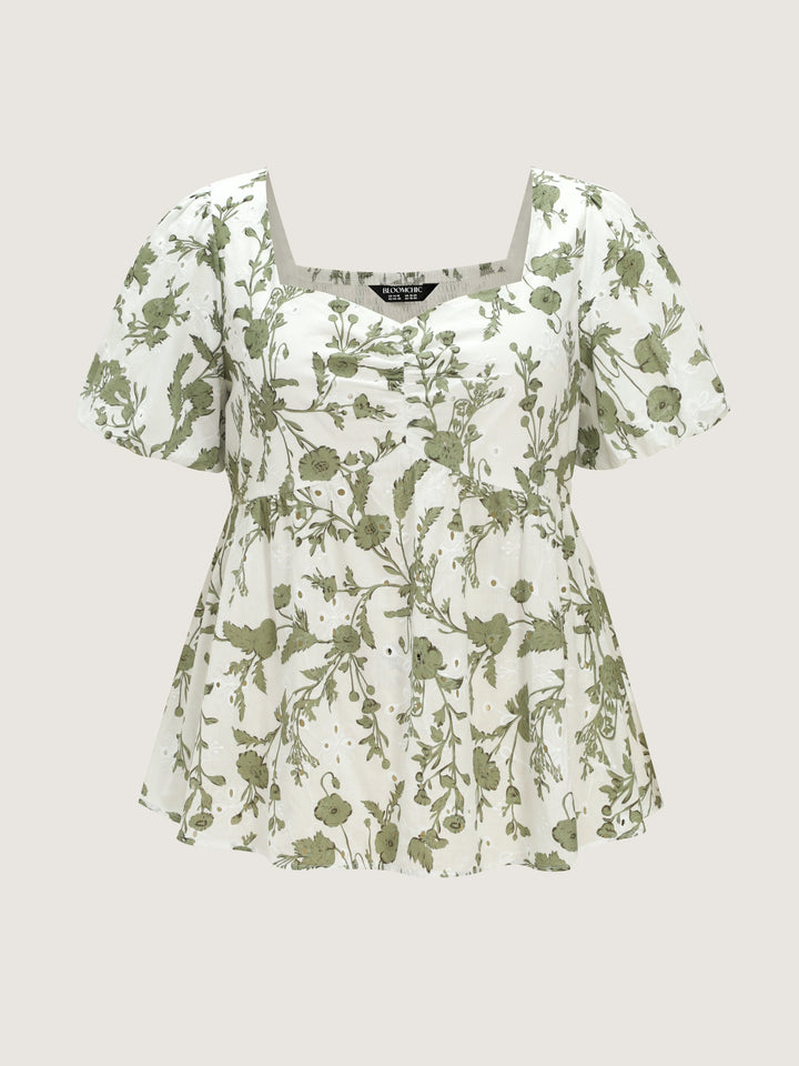 Cotton Floral Print Ruched Bubble Sleeve Blouse