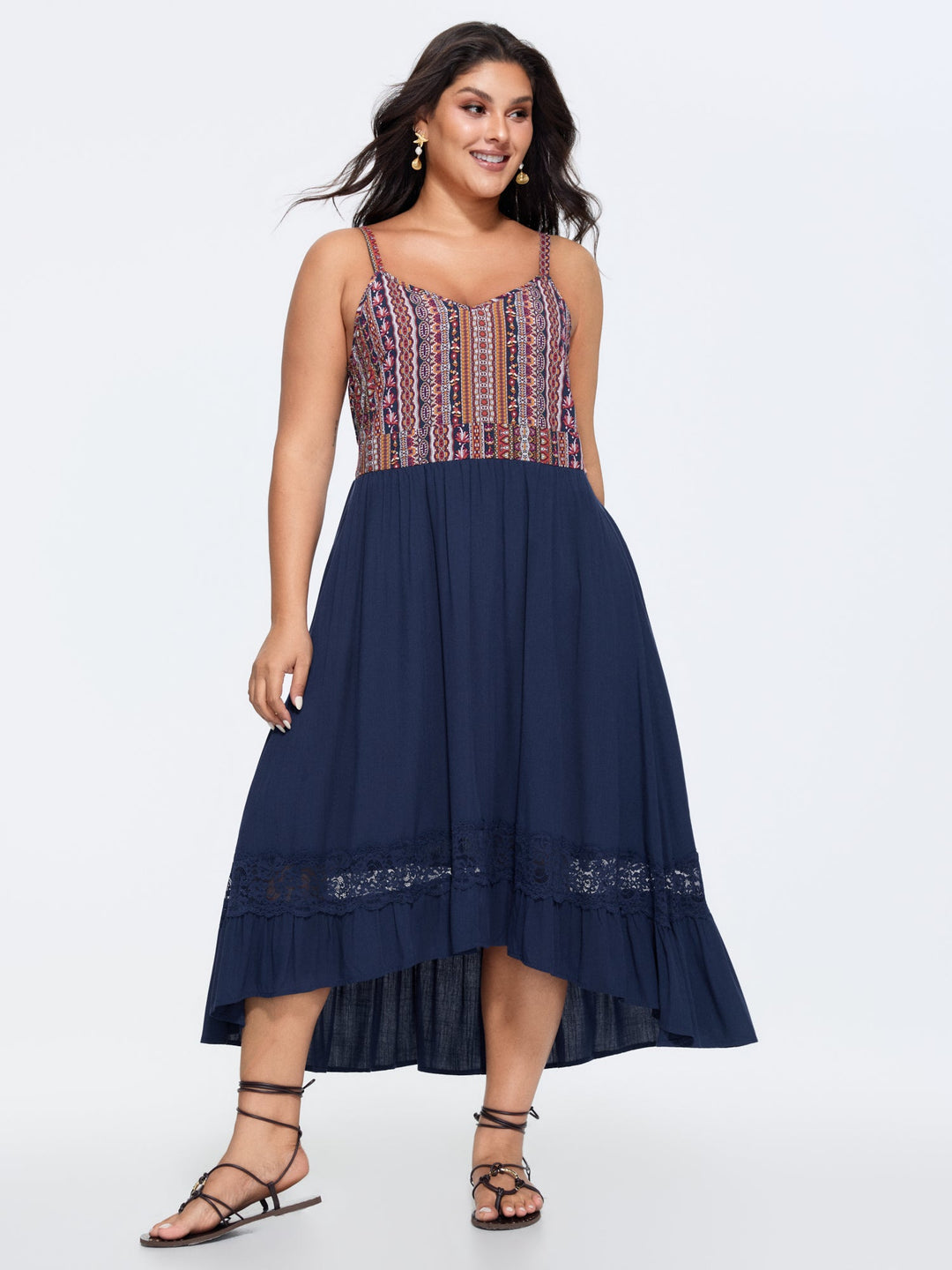 Boho Striped Lace Trim Midi Dress