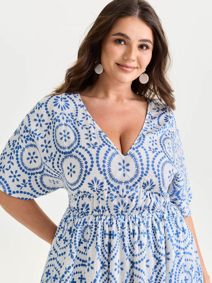 Geometric Print Deep V-Neckline Maxi Dress