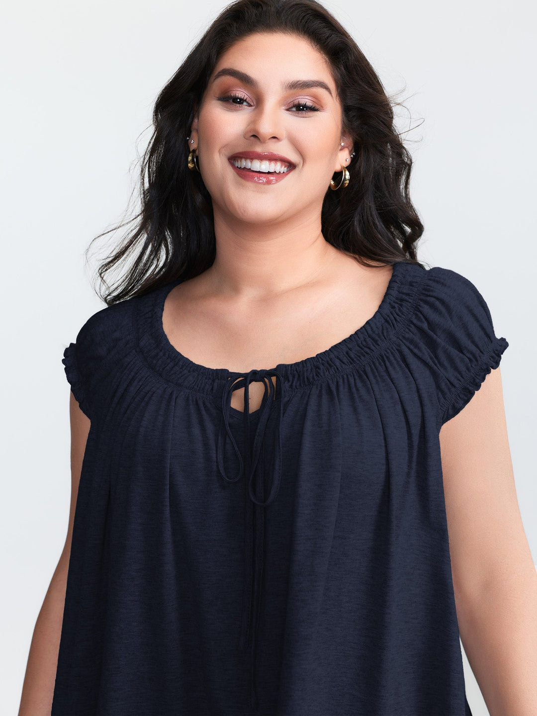 Supersoft Shirred Drawstring Neckline Flowy Top